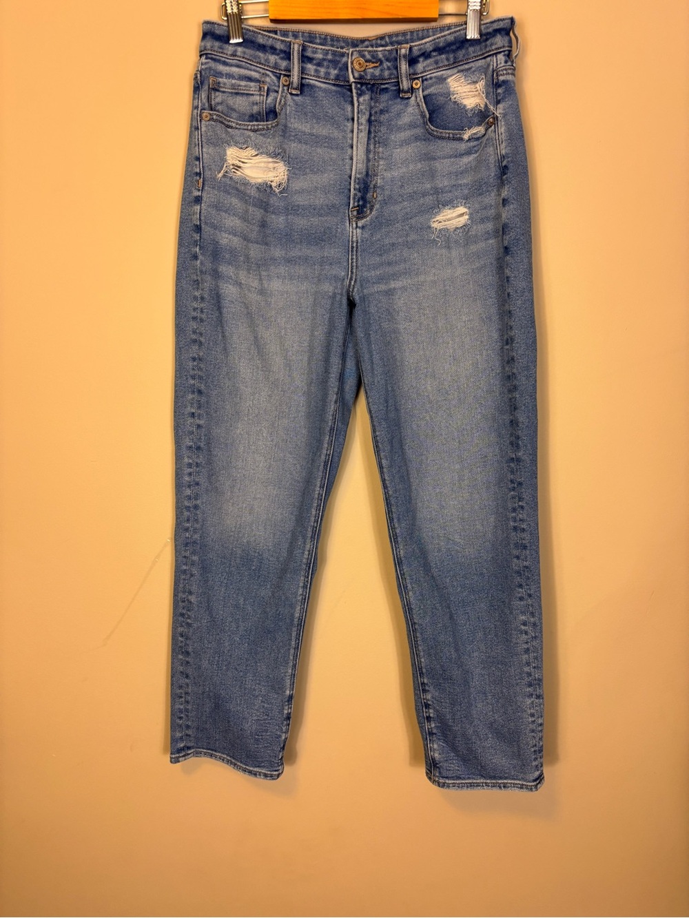 American Eagle Outfitters Light Blue Straight Leg Mom Jeans with Distress 10